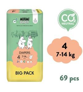 MUUMI BABY 4 MAXI 7–14 KG (69 KS), EKO PLENY - JEDNORÁZOVÉ PLENY - VŠETKO NA PREBAĽOVANIE