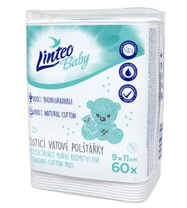 LINTEO BABY DĚTSKÉ VATOVÉ ČISTÍCÍ POLŠTÁŘKY 9X11CM 60KS 100% BIODEGRADABLE - LÁTKOVÉ UBROUSKY - PŘEBALOVÁNÍ