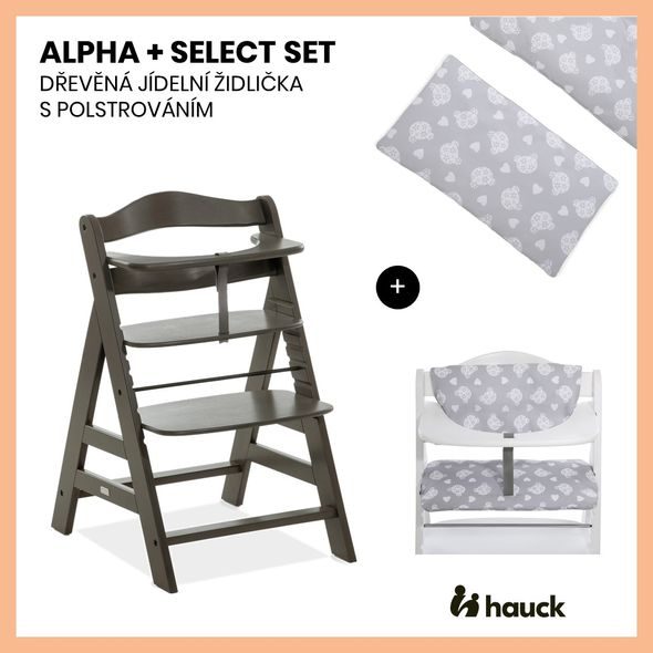 HAUCK ALPHA+ SELECT SET 2V1 DŘEVĚNÁ ŽIDLE, CHARCOAL + POLSTROVÁNÍ TEDDY GREY - JÍDELNÍ ŽIDLIČKY DŘEVĚNÉ - KRMENÍ