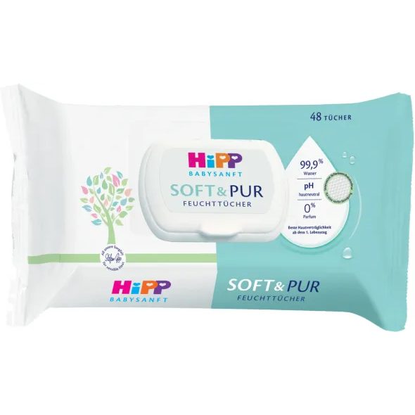 HIPP BABYSANFT ČISTÍCÍ VLHČENÉ UBROUSKY SOFT&PUR + VÍČKO 48 KS - VLHČENÉ UBROUSKY - PŘEBALOVÁNÍ