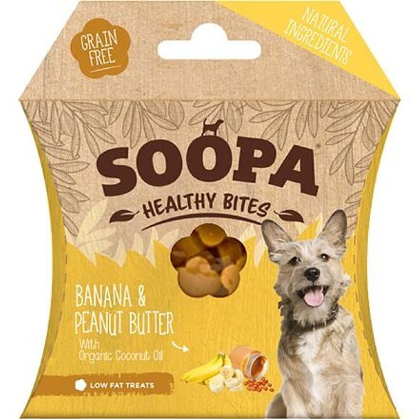 SOOPA PETS SOOPA HEALTHY BITES S BANÁNEM A ARAŠÍDOVÝM MÁSLEM 50 G - VÝCVIKOVÉ PAMLSKY PRO PSY - CHOVATELSKÉ POTŘEBY MALVÍKZOO