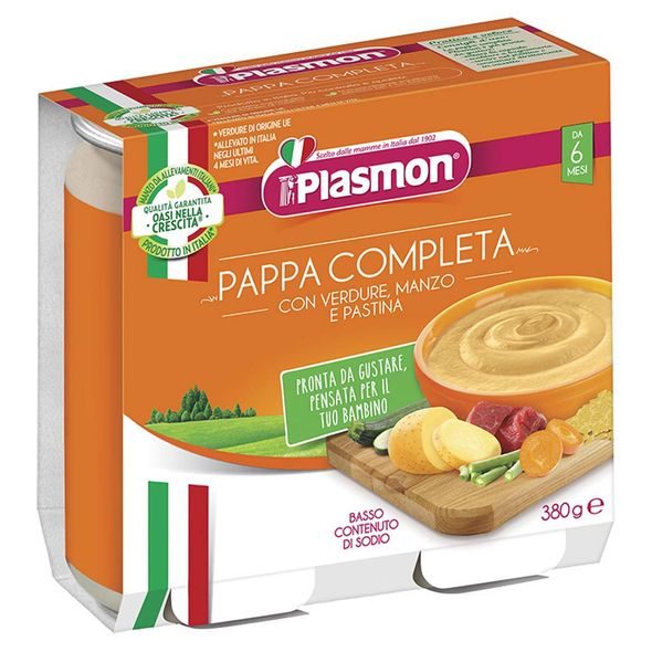 PLASMON PŘÍKRM ZELENINOVÝ S HOVĚZÍM A TĚSTOVINAMI 2X190G, 6M+ - MASO/ZELENINA - KRMENÍ