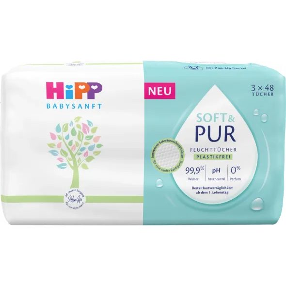 HIPP BABYSANFT ČISTÍCÍ VLHČENÉ UBROUSKY SOFT&PUR + VÍČKO 3X48 KS - VLHČENÉ UBROUSKY - PŘEBALOVÁNÍ