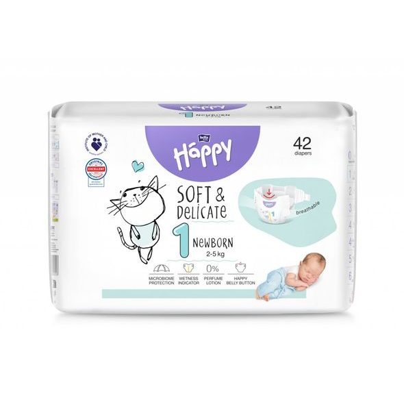 BELLA BABY HAPPY SOFT&DELICATE 1 NEW BORN 2-5KG 42KS - JEDNORÁZOVÉ PLENY - PŘEBALOVÁNÍ