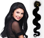 KERATIN- 100% Lidské vlasy k prodloužení REMY, černá 45cm- vlnité 100pramenů- VÝPRODEJ