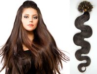 KERATIN- 100% Lidské vlasy k prodloužení REMY, středně hnědá 45cm- vlnité 100pramenů- VÝPRODEJ
