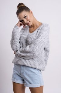 Dámský pletený svetr s výstřihem do V - Grey