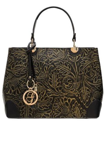 Dámská kožená kabelka ražená s květy černo - zlatá -