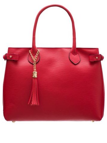 Dámská kožená kabelka ražená s třásní - červená -