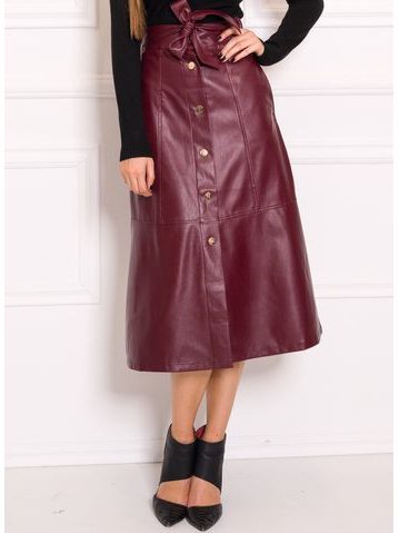 Dámska koženková sukňa s gombíkmi midi - vínová -