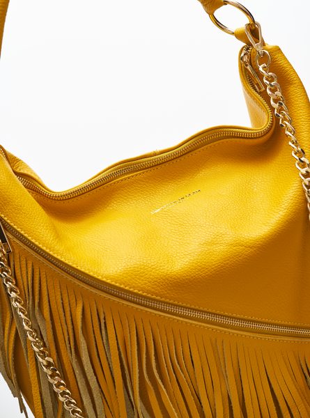 Kožená kabelka z pravé kůže s třásněmi - žlutá -