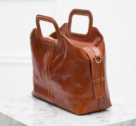 Dámska kožená kabelka do ruky s vykrojeným pútkom - hnedá -