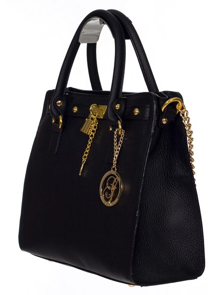 Italská kožená kabelka černá se zlatým doplňkem zámek s klíčkem 