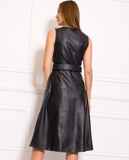 Dámské koženkové midi šaty s páskem - černá -