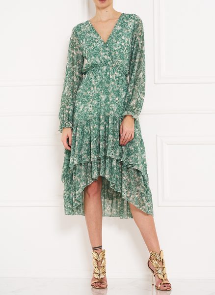 Dámské asymetrické šaty s květy - zelená -