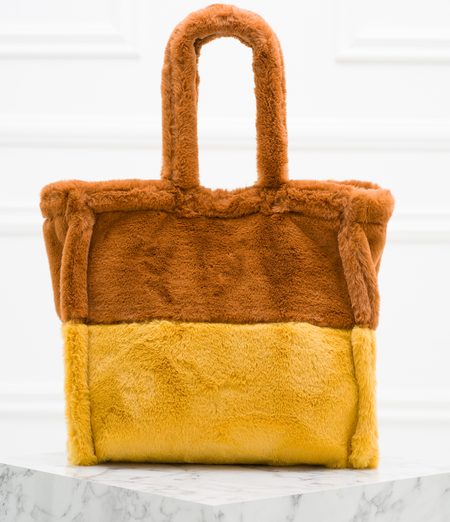 Dámská velká oboustranná kabelka s chlupem hnědo - žlutá -