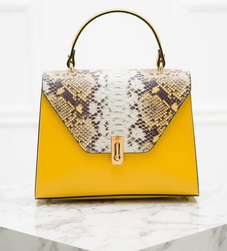 Elegantní kabelka do ruky kombinace kůže had - žlutá -