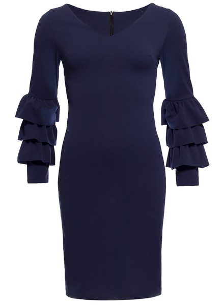 Dámské luxusní šaty s dlouhým rukávem a volány - tmavě modrá -