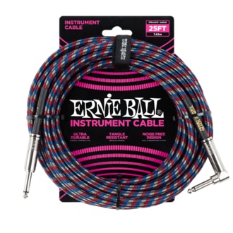 6063 Ernie Ball 25' Instrument Braided Cable - nástrojový kabel rovný / zahnutý jack - 7.62m - červená / modrá / bílá barva