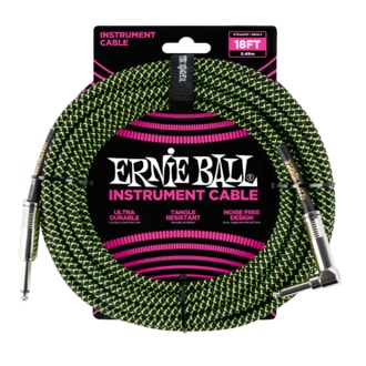 6082 Ernie Ball 18' Braided Straight / Angle Instrument Cable - Black / Green