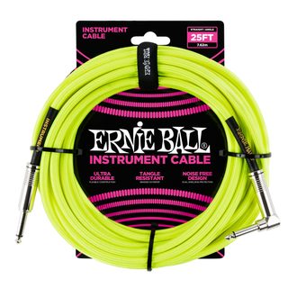 6057 Ernie Ball 25' Instrument Braided Cable - nástrojový kabel rovný / zahnutý jack - 7.62m - neonově žlutá barva