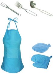 Set zástěra kuchařská s dětským kuchyňským náčiním a doplňky 6ks modrá