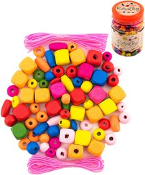 DŘEVO Korálky barevné navlékací set 300ks s gumičkami v dóze
