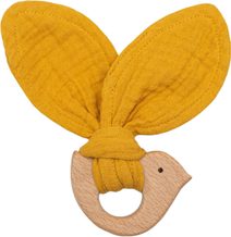 NEW BABY DŘEVO Kousátko ptáček žluté s mušelínem pro miminko