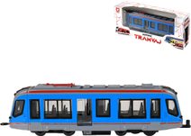 Tramvaj modrá kovová MHD Městská hromadná doprava zpětný chod