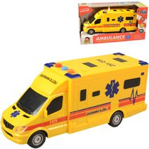 Auto sanitka žlutá na setrvačník 19cm ambulance na baterie Světlo Zvuk CZ