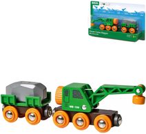 BRIO DŘEVO Set Vagon s nákladem + jeřáb doplněk k vláčkodráze 33698