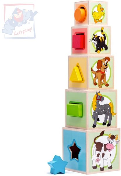 Věž zvířátka set 5 kostek s vkládacími tvary