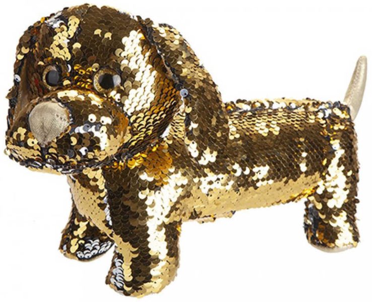 Pes Jezevčík zlatý třpytivý 28cm textilní s flitry