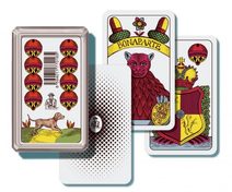 Mariáš dvouhlavý společenská hra karty v plastové krabičce 6,5x10,5x2cm