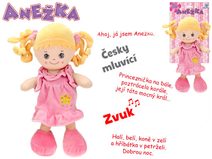 Panenka Nanynka baby textilní růžová 50cm mluví zpívá česky na baterie Zvuk PLYŠ