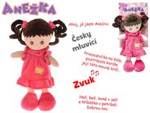 Baby panenka Anežka brunetka 36cm mluví zpívá česky textilní na baterie CZ Zvuk