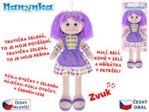 Panenka Nanynka baby textilní fialová 50cm mluví zpívá česky na baterie Zvuk PLYŠ
