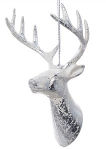 Dekorace jelení hlava na pověšení 13 cm - stříbrná/bílá