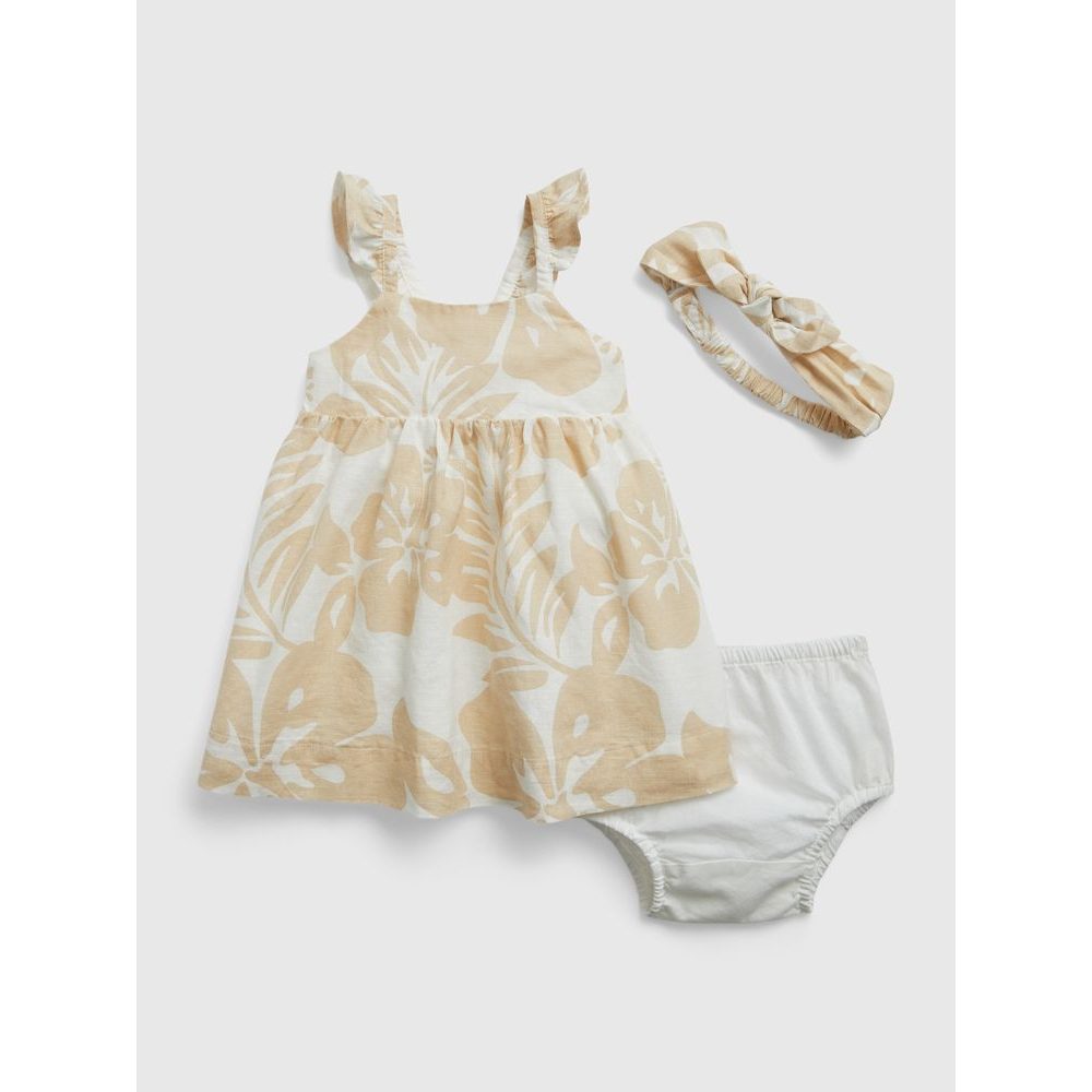 669788-00 Baby lněné šaty s čelenkou Béžová