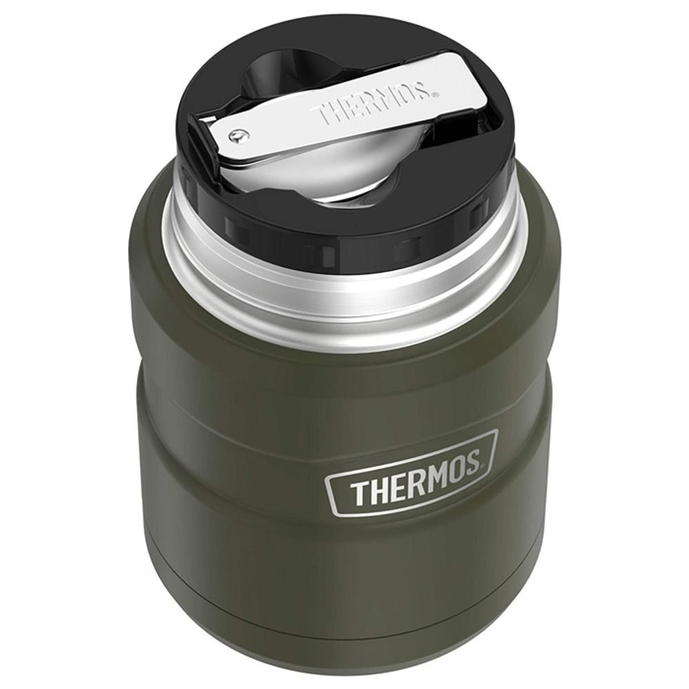 Food thermos with folding spoon and cup 470 ml military green