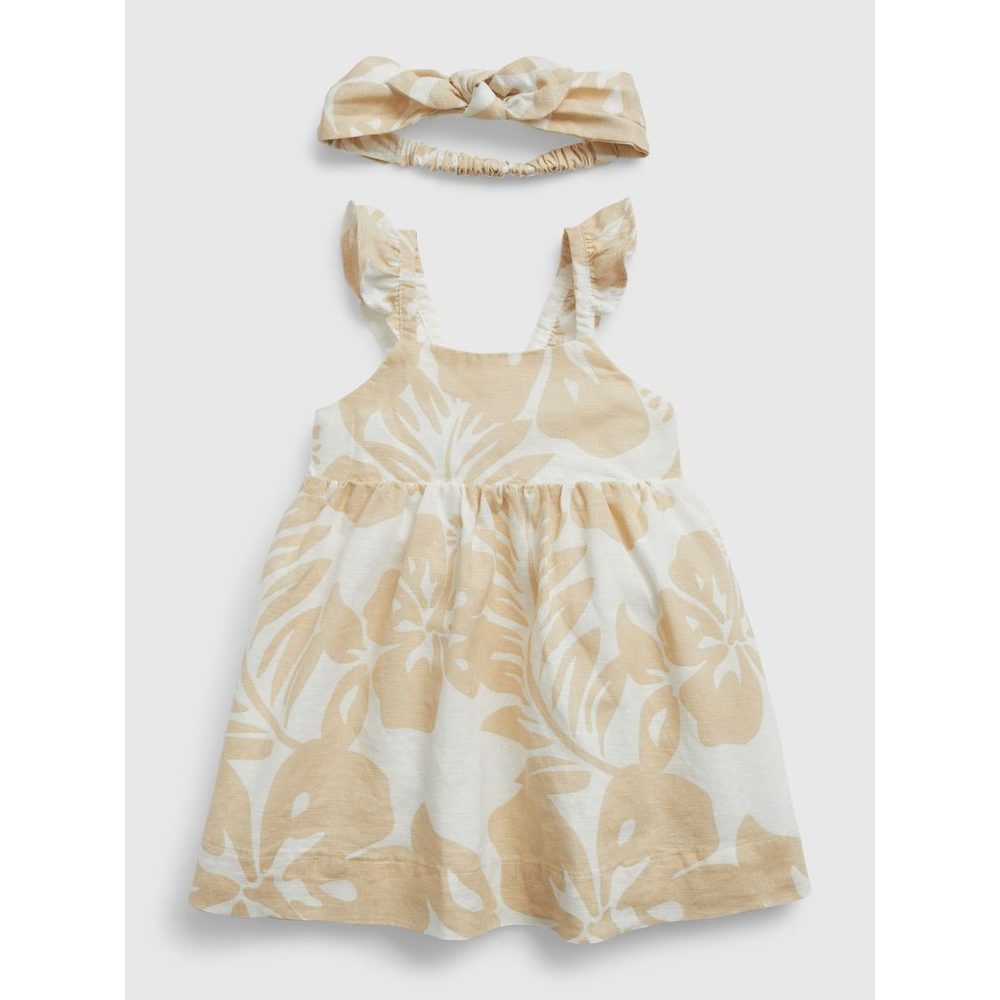 669788-00 Baby lněné šaty s čelenkou Béžová