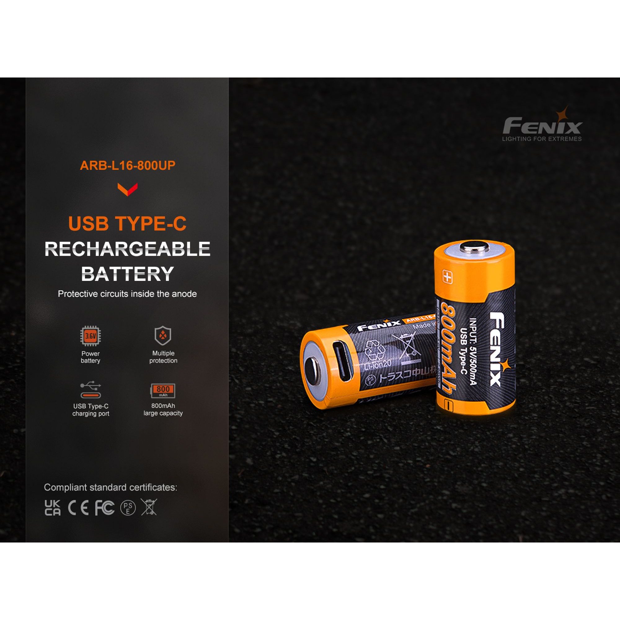 RCR123A 800 mAh USB-C Li-ion