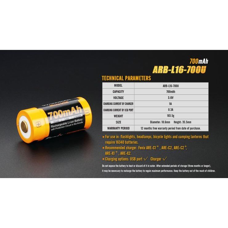 FENIX RCR123A / 16340 (Li-Ion) USB