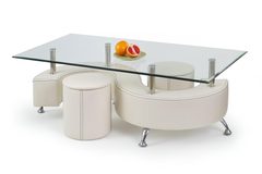 Konferenční stolek Nina 3 H, sklo/bílý + taburety