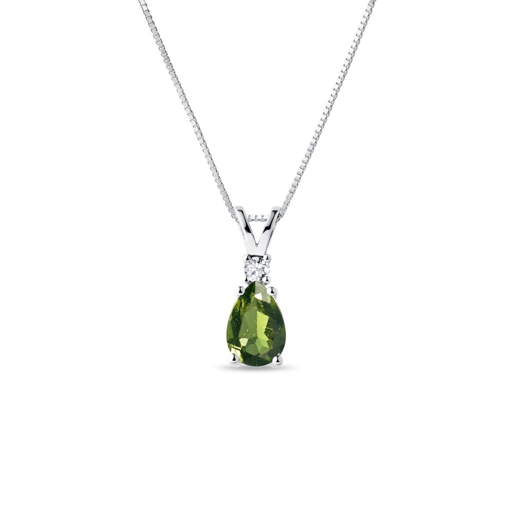 Moldavite and Diamond Pendant on White Gold Chain MOLDAVITE AND DIAMOND PENDANT ON WHITE GOLD CHAIN - MOLDAVITE NECKLACES - NECKLACES