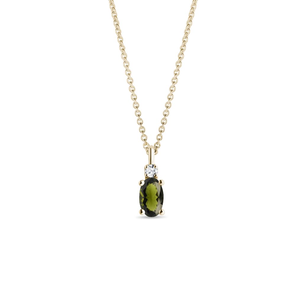 Oval Moldavite and Diamond Necklace in Yellow Gold OVAL MOLDAVITE AND DIAMOND NECKLACE IN YELLOW GOLD - MOLDAVITE NECKLACES - NECKLACES