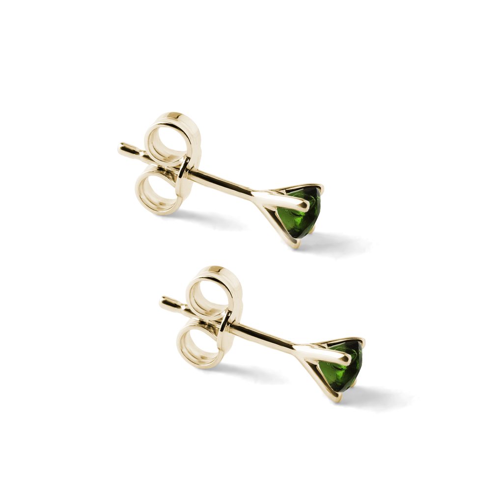 MOLDAVITE STUDS IN 14K YELLOW GOLD - MOLDAVITE EARRINGS - EARRINGS