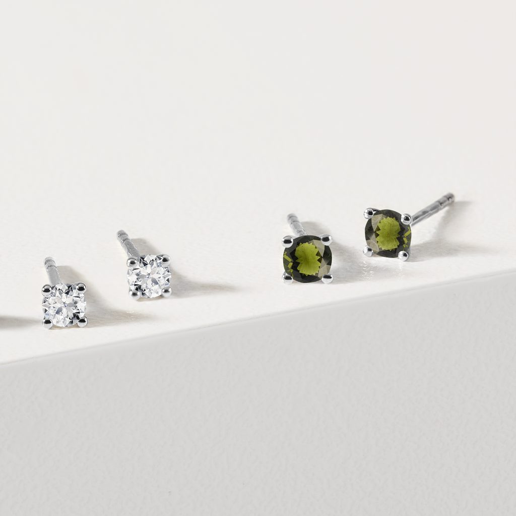 MOLDAVITE STUDS IN 14K WHITE GOLD - MOLDAVITE EARRINGS - EARRINGS
