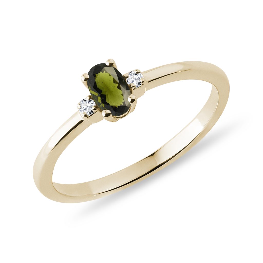 Moldavite and Side Diamond Ring in Yellow Gold MOLDAVITE AND SIDE DIAMOND RING IN YELLOW GOLD - MOLDAVITE RINGS - RINGS