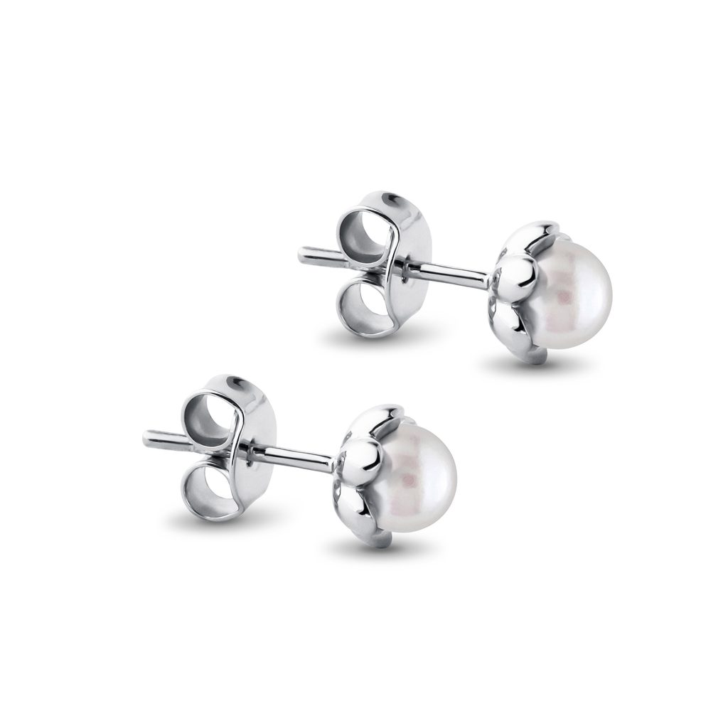PEARL FLOWER STUD EARRINGS IN WHITE GOLD - PEARL EARRINGS - PEARL JEWELRY